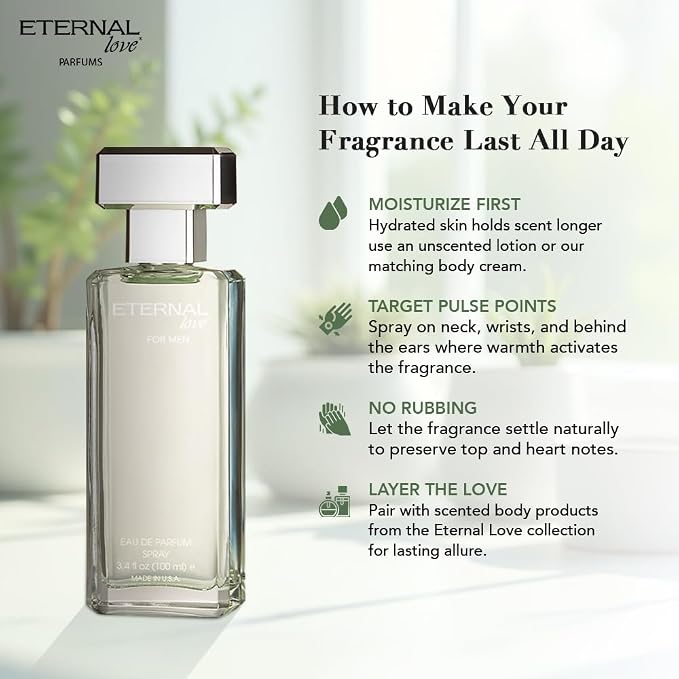 Eternal Love for Men - Long Lasting Eau de Parfum Spray - Premium Clean Fragrance with Amber & Cedarwood - Fresh Sophisticated Scent - 3.4oz