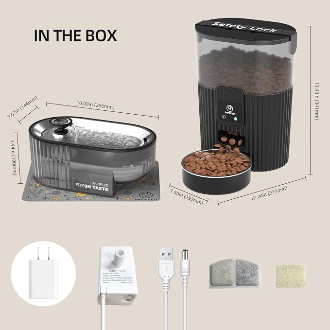 PAPIFEED Automatic Cat Feeder and Water Fountain Stainless Steel, Auto Cat Food & Water Dispenser, Quiet Pet Drinking Fountain with LED, Timed Cat Feeder with App, 10 Meals/Day, Smart Cat Feeder Set