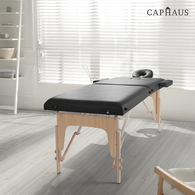 CAPHAUS Premium Memory Foam Massage Table, 84 Inch Foldable & Portable Massage Bed, Height Adjustable Spa Bed, Facial Cradle Salon Bed Wooden Legs & Carry Case, 28 Inch Wide, Black