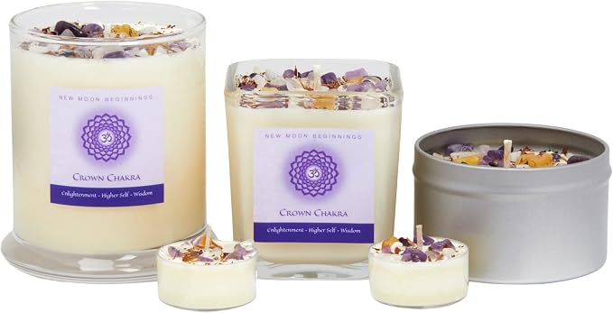 Crown Chakra Candle by New Moon Beginnings - Chakra Candles - Dried Flower, Herb, & Crystal Candles - Aromatherapy Candles - Soy Candle - 8oz Tin