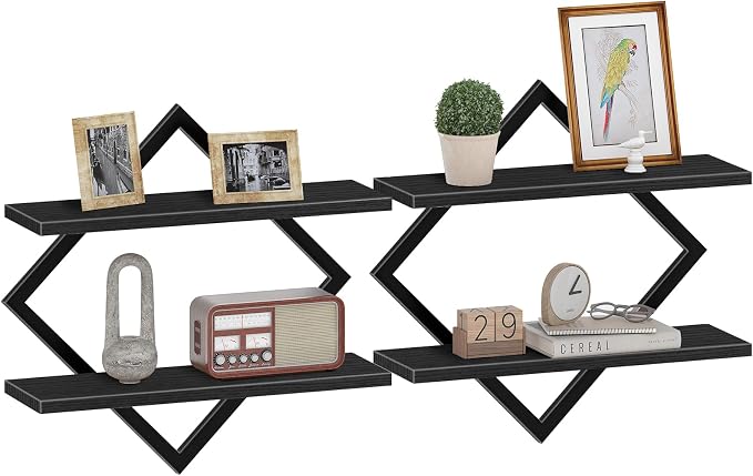 Floating Shelves, Set of 2 Wall Shelves, 2-Tier Hanging Shelves, Wall Shelf Set of 2, Wall Mounted Shelves, for Living Room, Bedroom, Kitchen, Office, Study, Black TBJ01P2BB