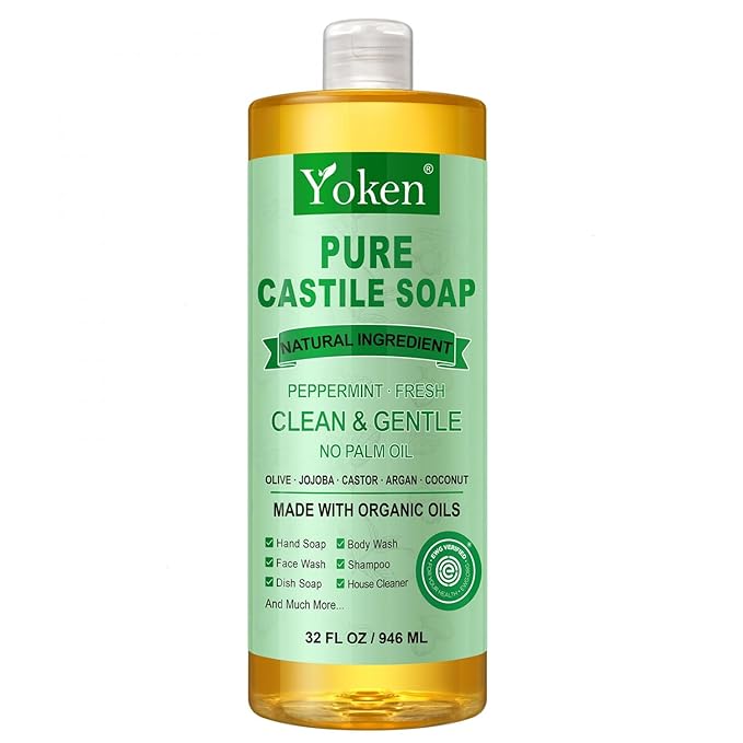 Yoken Peppermint Castile Soap Liquid (EWG Verified, 32 OZ) Made with Certified Organic Oils, Gentle Peppermint Soap for Body Wash, Face, Hands, Dishes, Laundry & More, Vegan Natural Versatile Cleanser