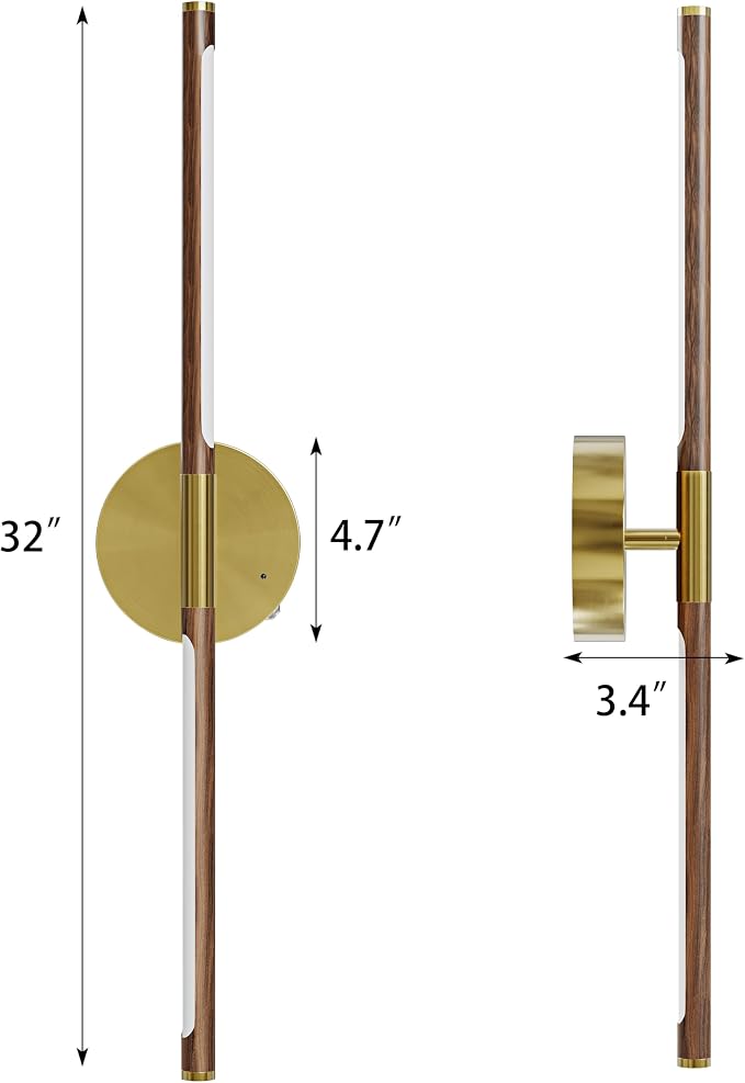 32" Battery Operated Wall Sconce Set of 2, 350° Rotating Lamp, Walnut Gold | Wireless, 8000mAh Rechargeable Battery, Stepless Dimming, 3000K-6000K, Remote & Touch Control, Timer, Living Room, Bedroom