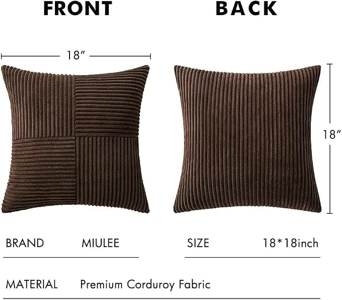 MIULEE Dark Brown Decorative Throw Pillow Covers for Couch 18x18 Inch | 2 Pack, Boho Farmhouse Pillow Covers, Soft Cross Corduroy Patchwork Textured Cushion Cases For Bed Sofa