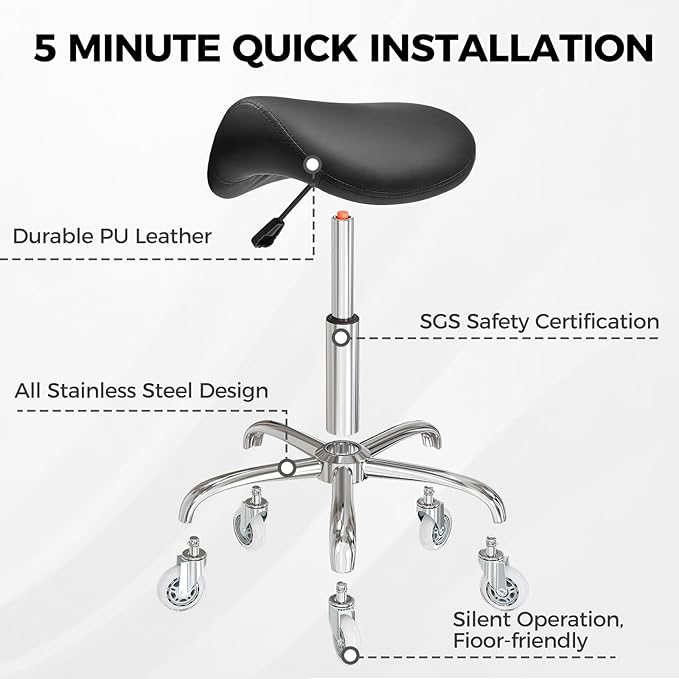 BEWISHOME Ergonomic Rolling Saddle Stool, Height-Adjustable Rolling Swivel Saddle Stool Chair with Thickened Saddle Seat Padding, for Salons, Spas, Office, Black BMD02B
