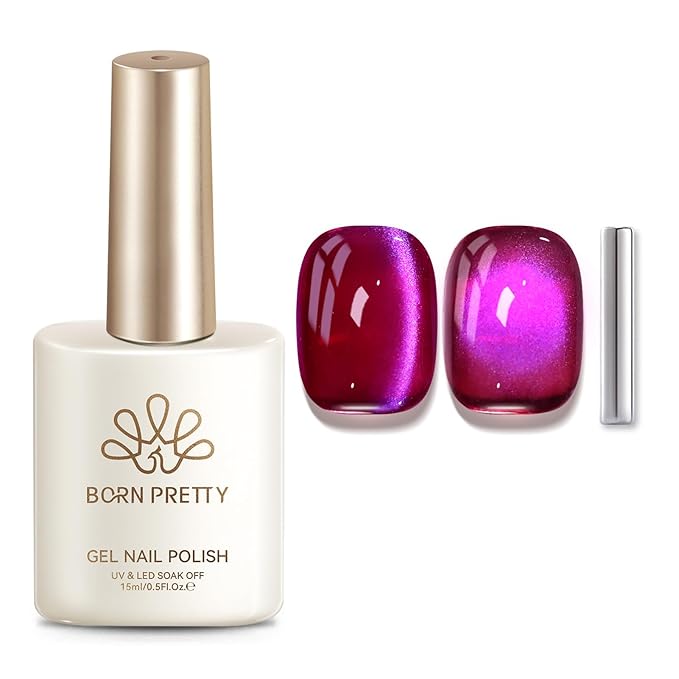 Born Pretty Burgundy Purple Cat Magnetic Eye Gel Polish,2026 Spring Summer Fruit Dark Burgundy Holographic Glitter Shimmer Translucent Magnetic Gel Polish with Purple Powder