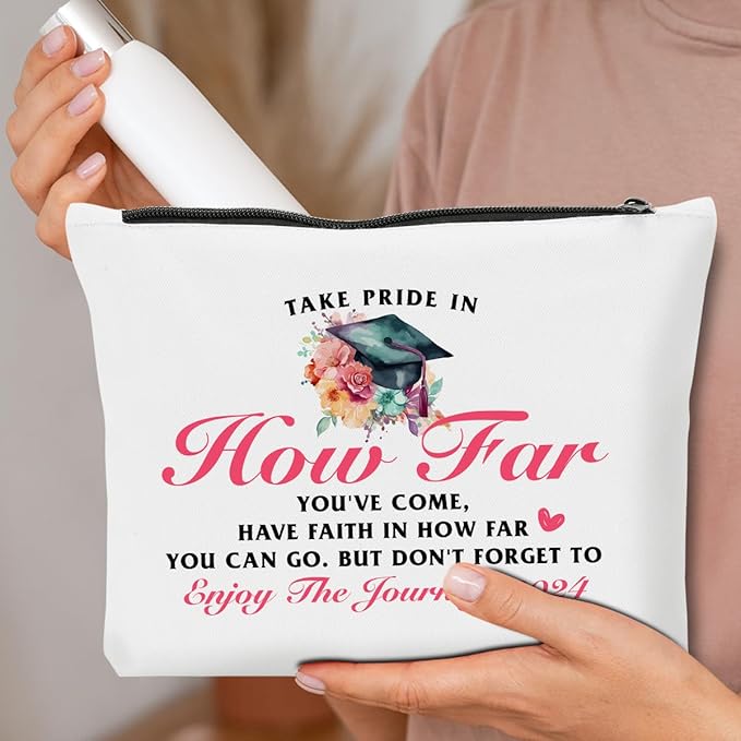 Graduation Gifts for Women, Class of 2024 Gifts, 2024 Graduation Congratulations Gifts Cosmetic Bag, Take Pride in How Far You've Come Makeup Bag, Cheer Up Birthday Gifts for Friend Sister