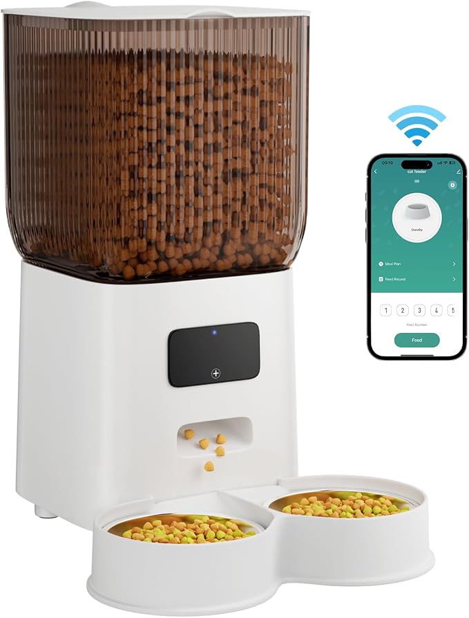 Cat Feeder Automatic, Automatic Cat Feeder WiFi with Remote Feeding Cat Food Dispenser for 2 Cats, 5L Pets Timed Automatic Feeders with Dual Power Supply