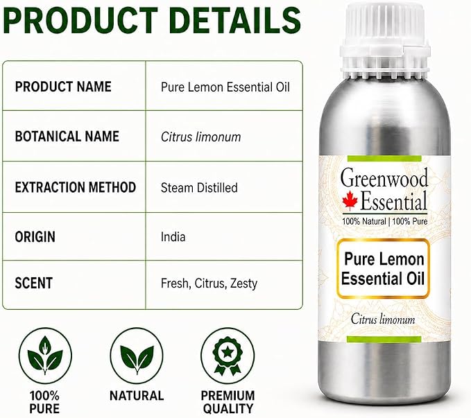 Greenwood Essential Pure Lemon Essential Oil (Citrus limonum) Steam Distilled 1250ml (42.2 oz)