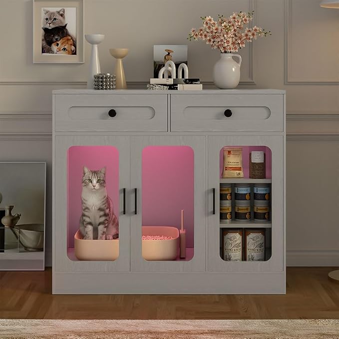 Cat Litter Box Enclosure Furniture with Glass Doors & LED Light, Large Hidden Litter Box Cabinet with Drawers and Adjustable Shelf, Modern Cat Litter Box Cover Side Entry for Living Room Bedroom,Gray