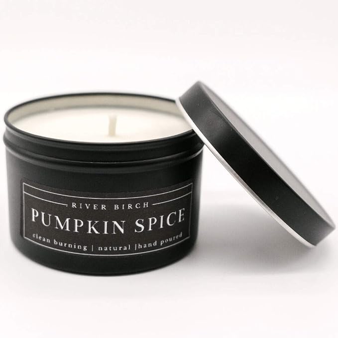 River Birch Candles Pumpkin Spice Scented Candle | Premium, All-Natural, Non-Toxic, Soy Candles | 8 oz. Black Matte Tin Travel Candle | Cozy Relaxing Gifts for Home