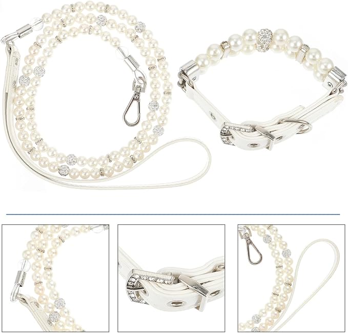 POPETPOP 2Pcs Dog Pearls Collar and Leash Set Elegant Pearl Decorated Neckwear for Outdoor Walking Training Birthday Party Wedding Christmas Use