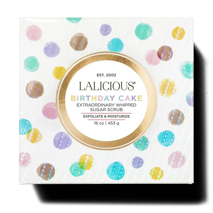 LALICIOUS Birthday Cake w Pink Shimmer - Exfoliating & Moisturizing Whipped Body Scrub | Sugar & Coconut Oil | Gently Buffs & Smooths Sensitive Skin | No Parabens | Large 16oz