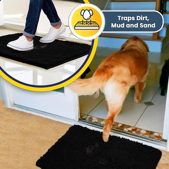 Muddy Mat® | Super Water Absorbent Door Mat Indoor, Microfiber Quick Dry Chenille Entryway Rug, Slip Resistant Front Door Mat, Indoor Mats for Entryway, Machine Washable Pet Rug, Black 20" x 30"
