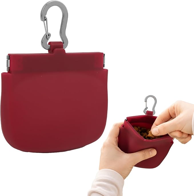 Silicone Dog Treat Pouch for Pet Training One-Hand Access One Cup Silicone Treat Bag with Pull Tab and Auto Closing Lid Treat Pouches for Leash(Color: Red)
