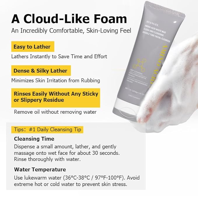 Dual-Tube Facial Cleanser, Amino Acid & Clay Face Wash for Oily Sensitive Skin, 2-in-1 Deep Pore Foam for Oil Control & Blackheads, Makeup Remover
