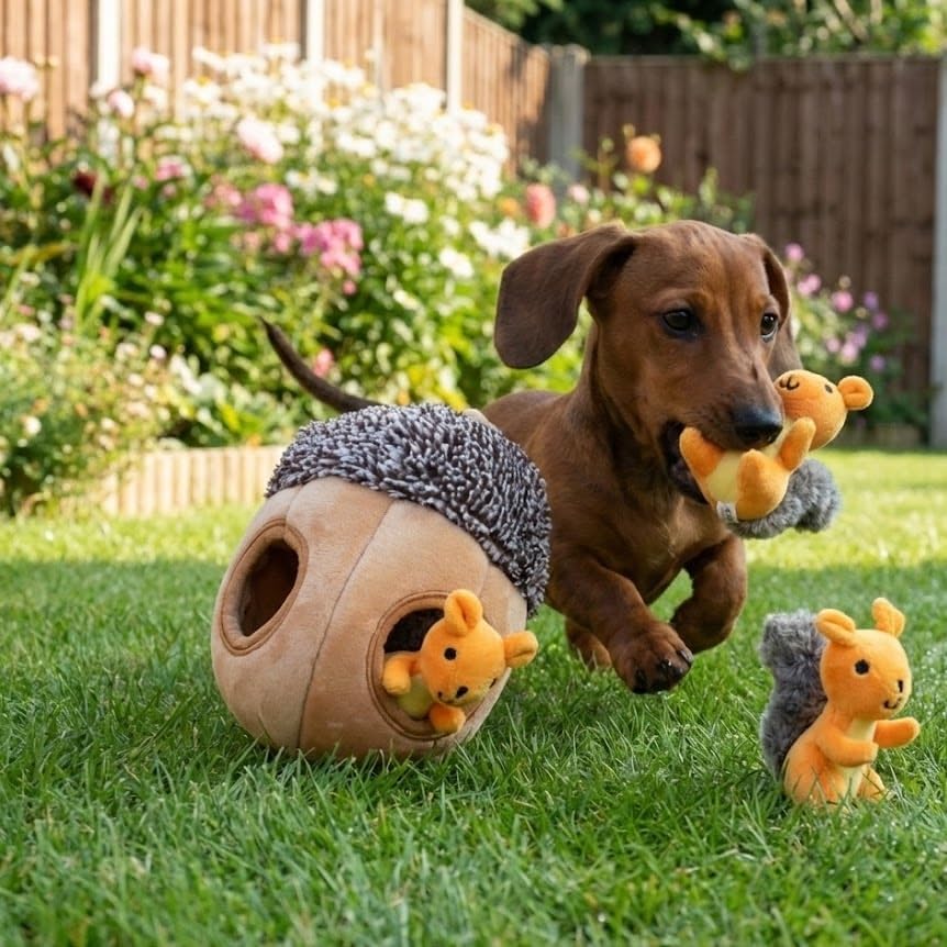 MODERN WAVE - Interactive Squeaky Plush Hide and Seek Squirrel Type Puzzle Toy for Dogs, Medium Size (Nut and Squirrels)