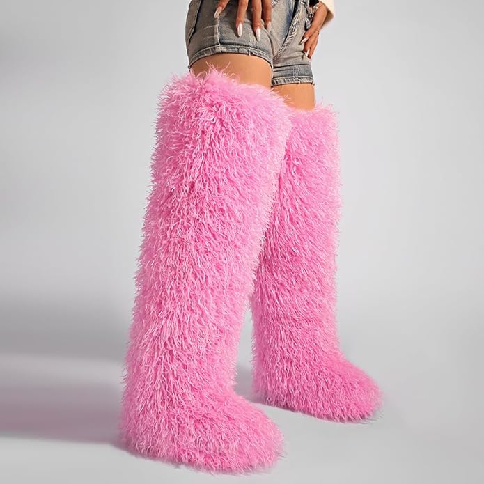 SWEETHEART BEAUTY Thigh High Shagy Teddy Fur Boots, 29 Inch Over the Knee Length Fluffy High Boots, Tall Furry Shoes For Women