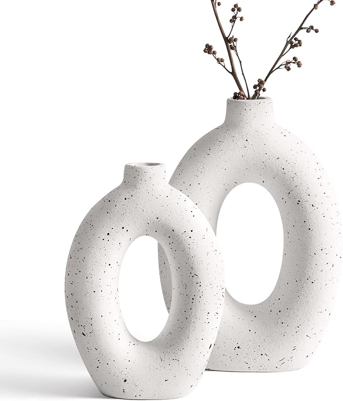 LE TAUCI Ceramic Vases Set of 2, White Hollow Donut Flower Vases, Nordic Decor Decorative Centerpiece for Living Room, Office Table, Shelf, Mantel, White Speckled (H10.5”xW8.5”)