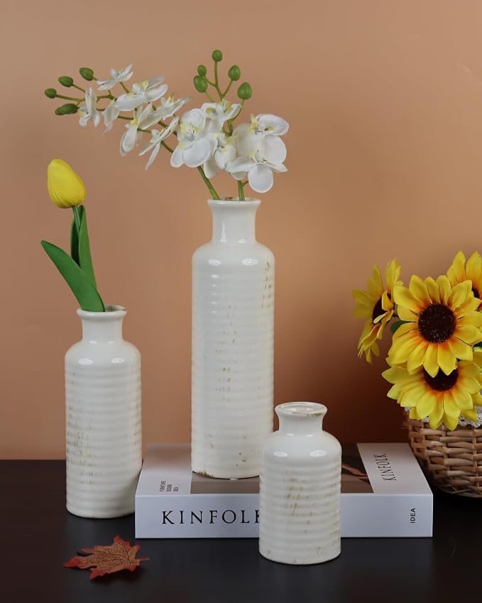 White Ribbed Ceramic Vase Set of 3, Clay Bottle Vases for Home Decor | Crackle glaze finish for rustic farmhouse tables, shelves, mantels and centerpieces