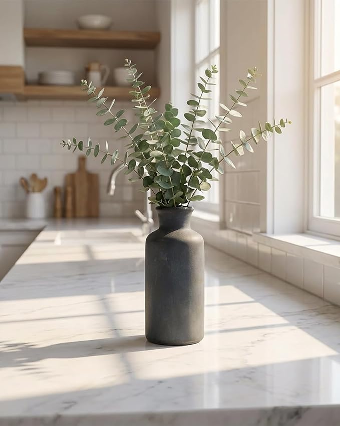 Black Ceramic Vase Set of 3, Vintage Brushed Gold Effect for Home Decor | Matte rustic flower vases for living rooms, dining tables, mantels and centerpieces