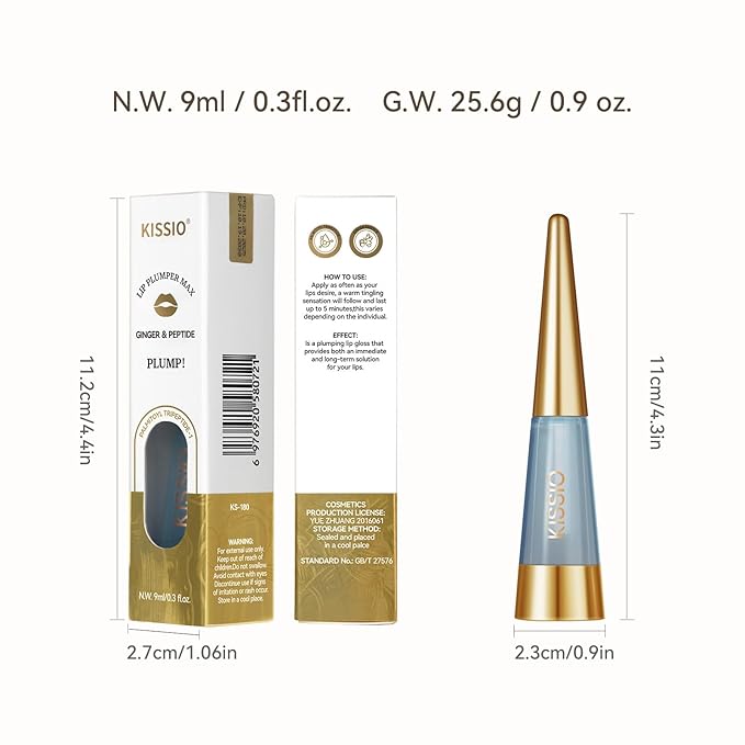 KISSIO PLUMP Lip Plumper,Maximum Plump with Ginger and Peptides,Extreme Lips Plumper,Hydrating,Lip Plumping,Lip Lines Care,Lips Gloss,0.3 fl oz,Master