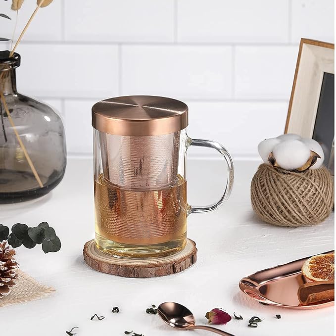 ecooe Tea Infuser Mug 16.9oz Glass Tea Cup with Removable Stainless Steel Infuser and Lid, Clear Glass Tea Cup 500ml Teacup for Loose Leaf Tea, Birthday for Parents Dad Mum Friends (Bronze)