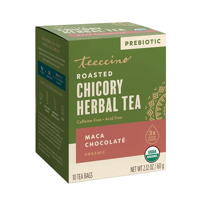 Teeccino Maca Chocolaté Herbal Tea - 10 Tea Bags - Rich & Roasted Herbal Tea That’s Caffeine Free & Prebiotic with Natural Energy from Adaptogenic Peruvian Maca, (Pack of 6)