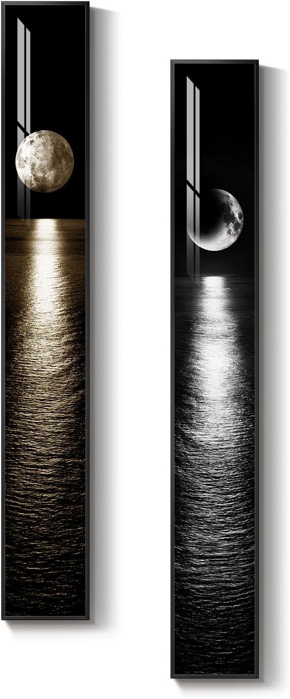 Framed Vertical Moon Wall Art Set of 2, Modern Black White Gold Landscape Canvas Prints Artwork for Walls, Long Narrow Night Sea Pictures for Living Room Bedroom Dining Room Entryway Hallway Wall Decor