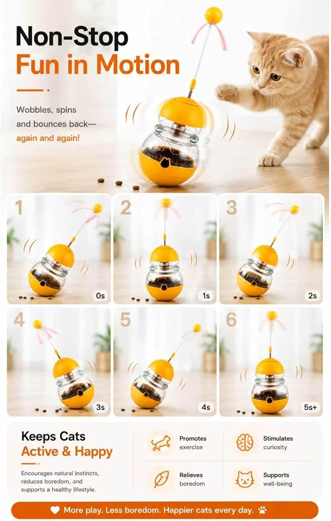 Cat Toy for Indoor Cats: Interactive Wobble Treat Dispenser Ball with Puzzle Feeder, Teaser Wand & Mental Stimulation