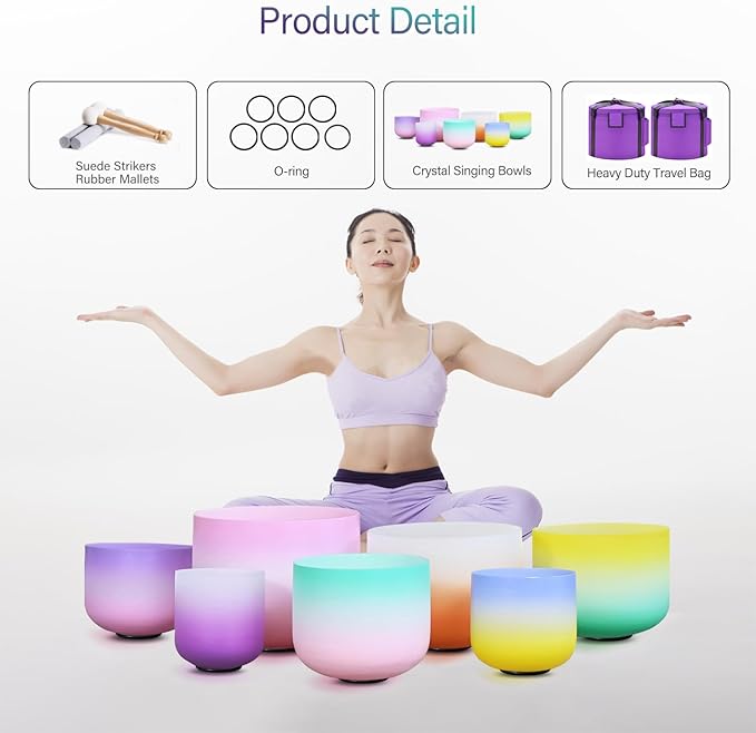 440HZ 6"-12" Set of 7 PCS Frosted Quartz Color Crystal Singing Bowl Set Sound Healing with Sound Bowl Mallet Suede Stick Heavy Duty Carry Cases