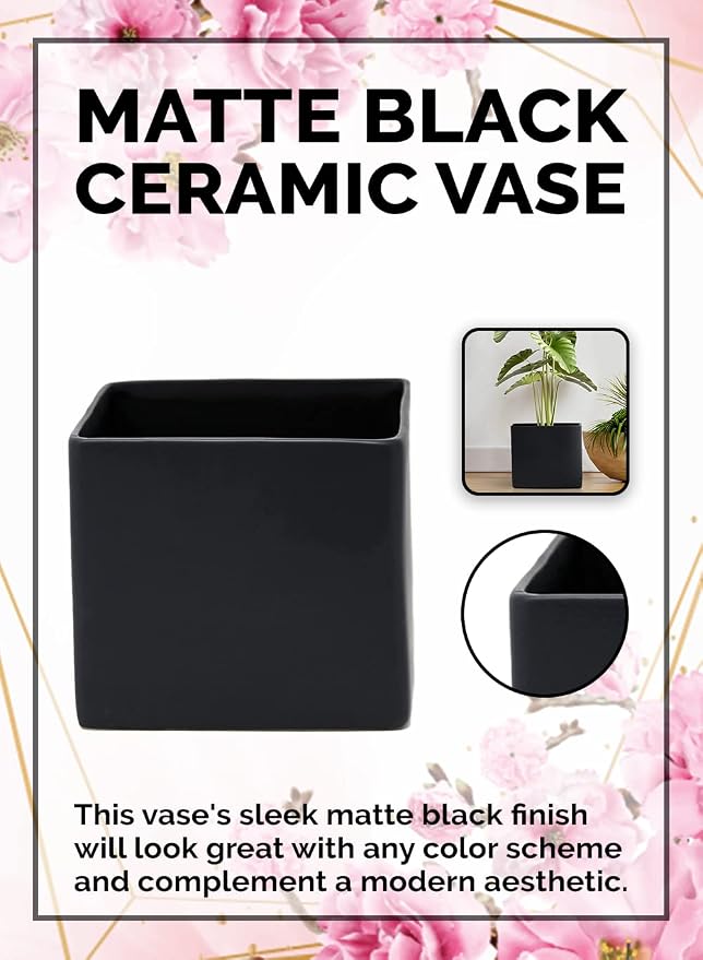 Serene Spaces Living Matte Black Ceramic Vases, Square Decorative Vase for Home Décor, Table Centerpieces, Wedding, Party, Bridal Shower & Event Styling, 5" Tall & 5.75" Cube, Pack of 6