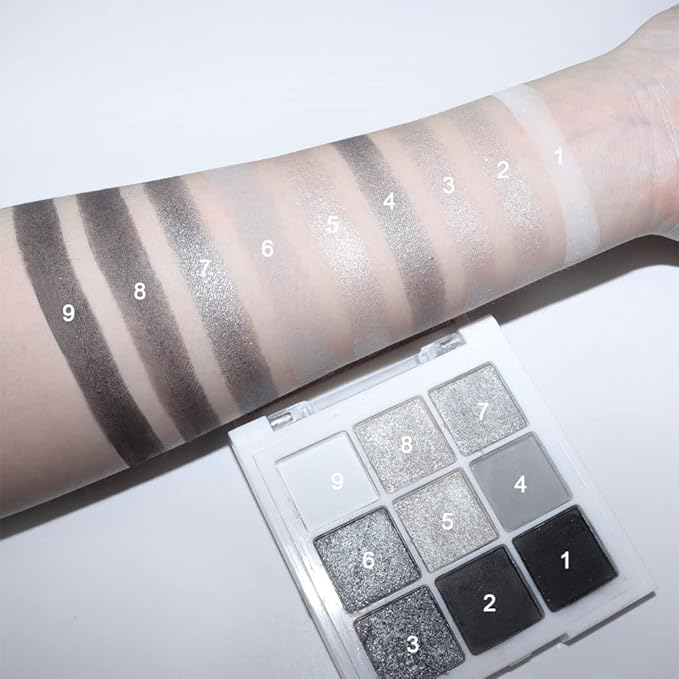 evpct 9 Colors Silver Gray Glitter Eyeshadow Palette, Black Smokey Grey and Silver White Sparkle Glitter Shimmer Shiny Eye Shadow Palette Makeup for older Women, High Pigment Eyeshadow Sombra de ojos
