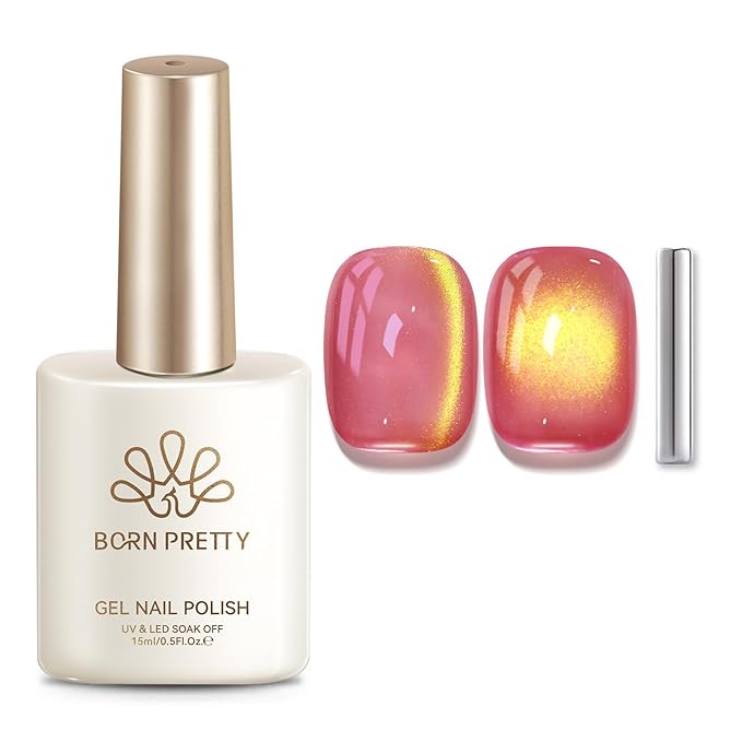 Born Pretty Spring Summer Cat Magnetic Eye Gel Polish,2026 Fruit Golden Pink Holographic Glitter Shimmer Translucent Sheer Magnetic Gel Polish Salon DIY at Home