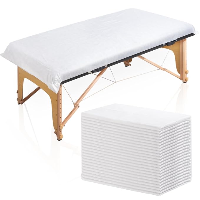 25PCS 84x35in Disposable Fitted Massage Table Sheets with Elastic, Breathable Disposable Massage Table Cover, Non Woven Fabric Spa Bed Covers, Single Use for Beauty Salon Wax Tattoo Facial Lash Bed