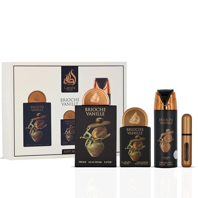 Lattafa Pride Brioche Vanille 3-Piece Gift Sets – Long Lasting Arabian Perfumes for Unisex – Eau de Parfum & Perfumed Spray – Elegant Ladies Perfume with Floral & Woody Scents – Premium Gift Box