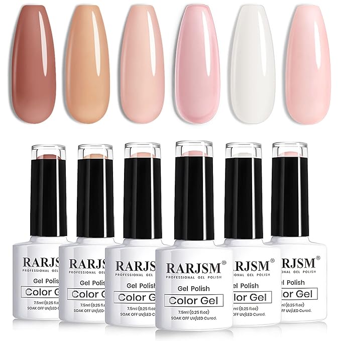 RARJSM Nude Sheer Jelly Pink Gel Nail Polish Set of 6 Transparent Colors LED UV Gel Soak Off Clear Taffy Brown Milky White French Manicure Nail Gelpolish Varnish Curing Requires 7.5ml for Home Salon