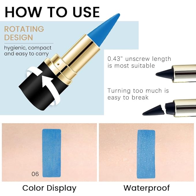 Kaely Light Blue Gel Eyeliner Pencil,Waterproof Smudge Proof Eye Liner Pen,Cat Eye Goth Halloween Makeup,Eye Black Face Paint Lipstick Crayon,Color Colorful Eyeliner Eyeshadow Stick,06