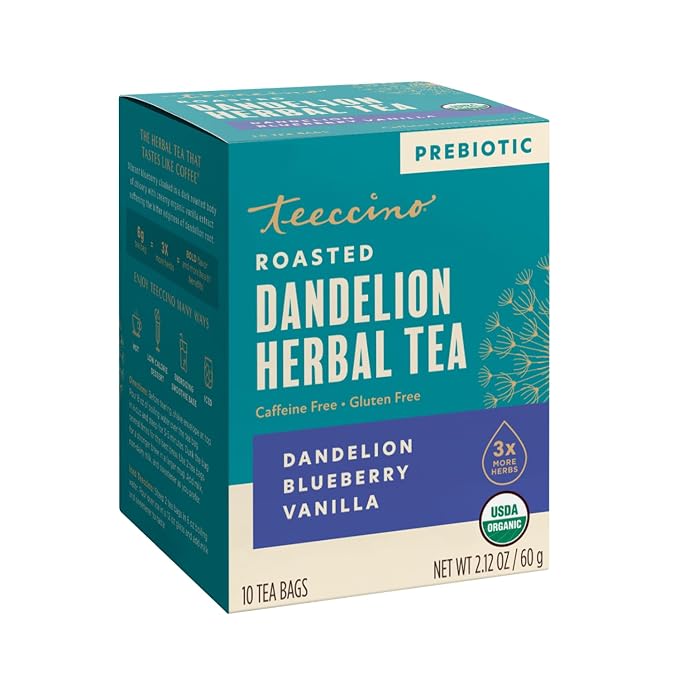 Teeccino Dandelion Blueberry Vanilla Herbal Tea, 10 Count - Rich & Roasted Herbal Tea That’s Caffeine Free & Prebiotic for Natural Energy, Coffee Alternative