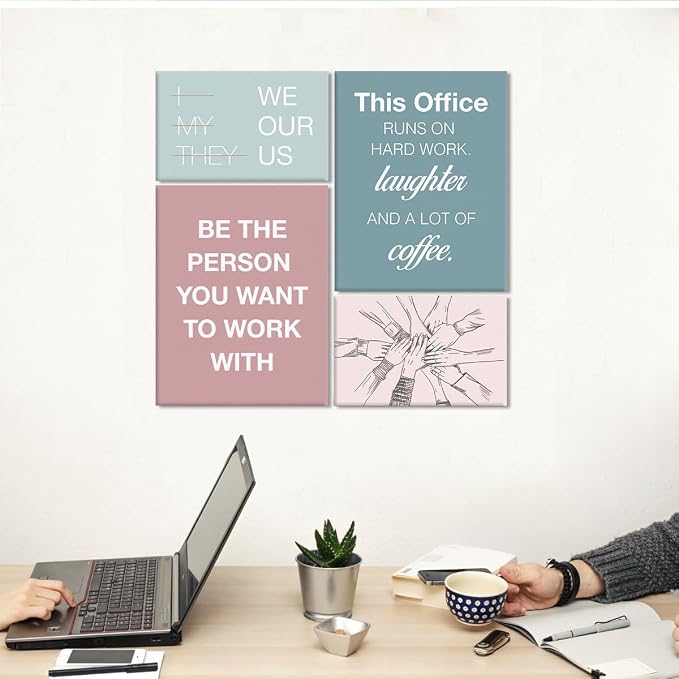 YEOION Motivational Office Wall Art,Inspirational Teamwork Wall Art for Office,Light Pink and Green Positive Teamwork Wall Decor for Women Set of 6