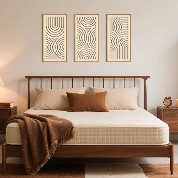 IARTTOP Boho Wooden Framed Wall Art Set of 3 Mid-Century Modern Wood Wall Decor Minimalist Natural Bohemian Home Decor for Living Room Dining Room Office
