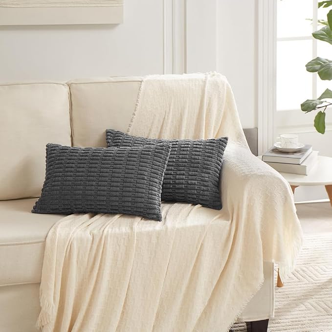 Fancy Homi Decorative Throw Pillow Covers for Bed Couch Bedroom Bench, Soft Corduroy Solid Pillow Case, Rustic Farmhouse Boho Room Decor,24" x 14" (Pack of 1),Dark Gray