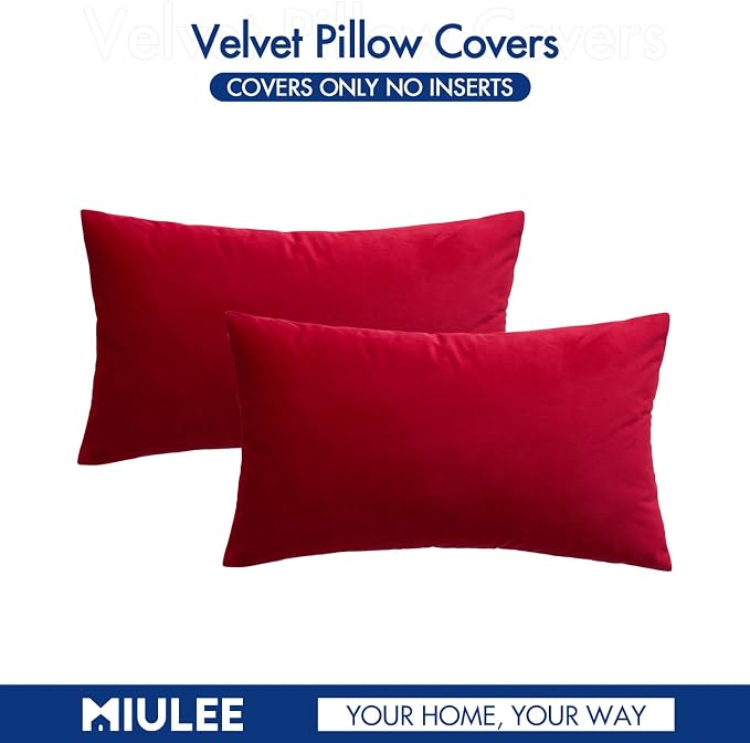 MIULEE 12x20 Inch Lumbar Velvet Throw Pillow Covers Red | Pack of 2 Soft Solid Decorative Pillow Covers, Modern Luxury Home Decor, for Chair Couch Sofa Bedroom Livingroom