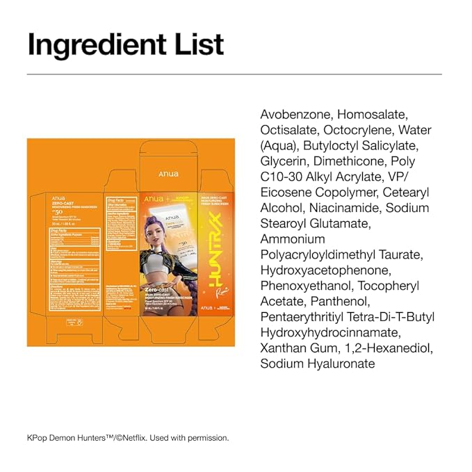 Anua, Zero-Cast Moisturizing Sunscreen SPF 50, Glow Natural Sunscreen for face, No White Cast, Hyaluronic Acid, Niacinamide, Oil-Free, KPop Demon Hunters, Korean Skincare, 1.69 fl oz