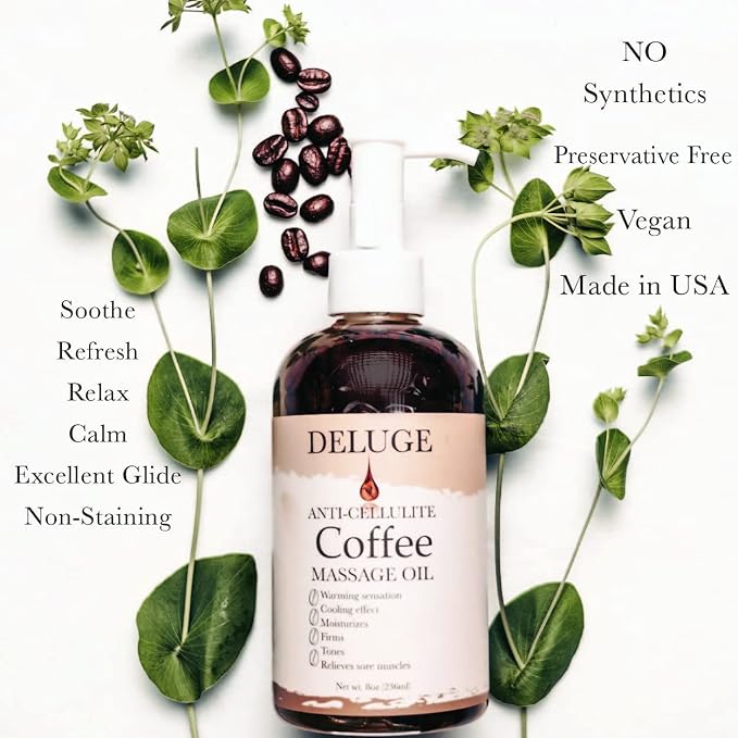DELUGE Original Massage Oil for Cellulite Treatment, Full Body Spa Relaxation Therapy and Sore Muscles. Targets unwanted Fat Tissue, Helps Firms and Tones Skin 8 Oz