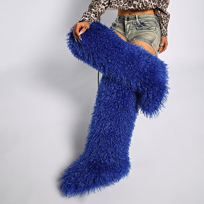 SWEETHEART BEAUTY Thigh High Shagy Teddy Fur Boots, 29 Inch Over the Knee Length Fluffy High Boots, Tall Furry Shoes For Women
