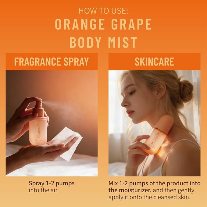 Orange & Grape Body Spray for Women, Long Lasting Citrus Fruits Perfume Mist, Paraben Free Phthalate Free, Lightweight Non-Sticky Gentle Skin Safe Daily Fragrance, Travel Size 3.38 fl oz