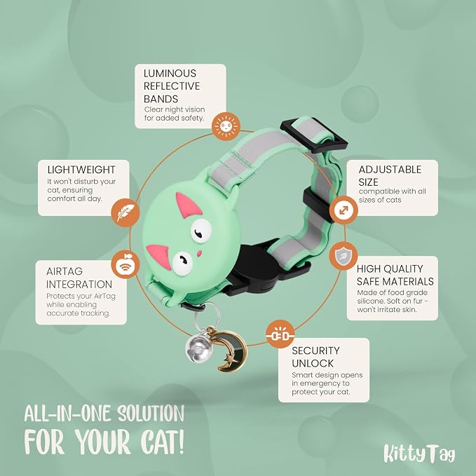 Cat Collar with Airtag Holder, Breakaway Air Tag Collar for Apple airTag, Reflective & Luminous Design, Waterproof GPS Tracker for Cats and Kittens, Includes Bell, Green Mint (9-12")