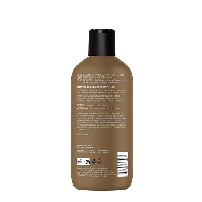 ATTITUDE Body Wash with Essential Oils, Moisturizing Shower Gel, Gentle Daily Cleanser, EWG Verified, Vegan Clean Beauty Skin Care, Sage & Rosemary, 15 Fl Oz