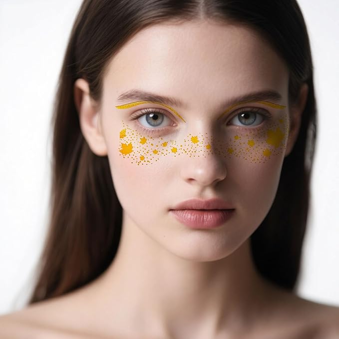 Maple Leaf Freckle Temporary Tattoos - Gold Glitter Face & Body Stickers for Women, Girls, Canadian Party Festival Makeup, Fall Autumn Thanksgiving Decoration Supplies (8 Sheets)